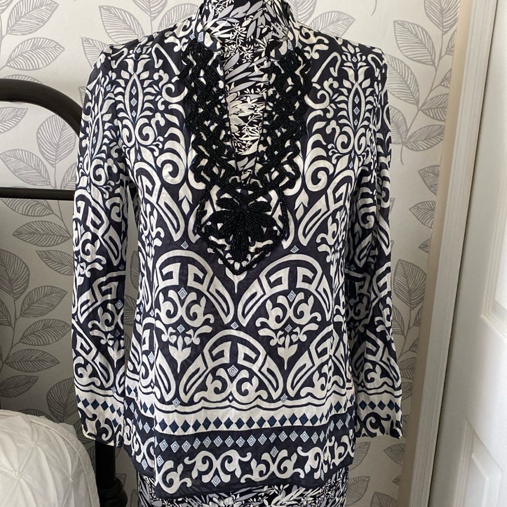 Hale Bob silk/cotton blend blouse with seed bead neckline design